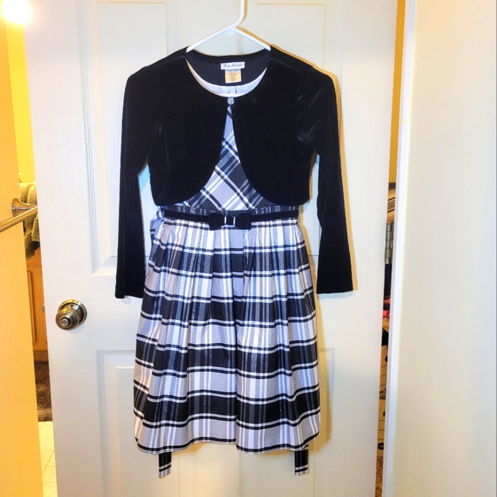 Jonathan Michelle Girls Black & White Plaid Dress w/ Velvet Jacket size 10
